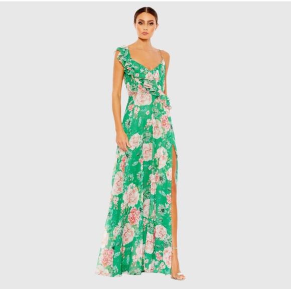 Mac Duggal Floral Print Ruffled Wrap Over a Line Gown Green Size 8 NWT - Picture 3 of 14
